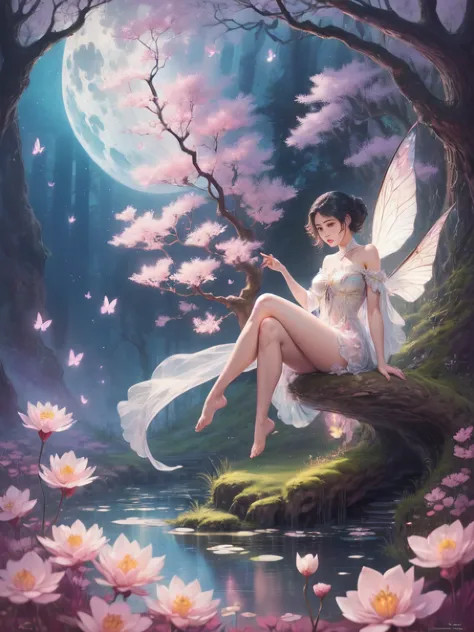 ((best quality)), ((masterpiece)), (detailed), ethereal beauty, perched on a pink blossom tree, (fantasy illustration:1.3), ench...