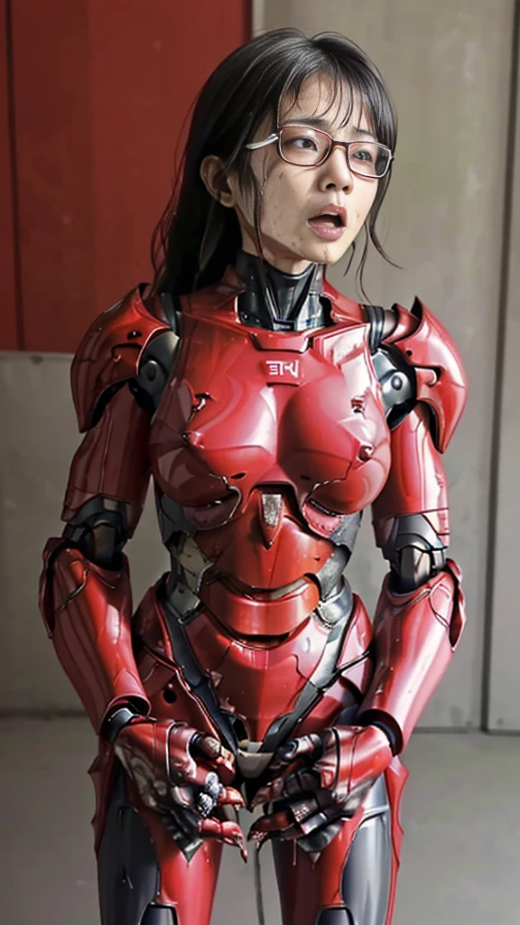Rough skin, Very detailed, Advanced Details, high quality, 最high quality, High resolution, 1080p 、Bleeding from the wound、Red Armor、Wearing red and black、cute((Severe damage to the entire body))(Wearing a damaged female robot suit...)(Red Armor)(Broken Armor)Black Hair、Glasses、Chiquita、Ahegao、Open your mouth、Sweaty face、It hurts again、cute、knock down、Droolinging from the mouth、Female college student　　(Steam coming out of the face) ((Steam coming out of the body)) 　Touching the vagina　Drooling　look up　suffering　　 syncope　Convulsions