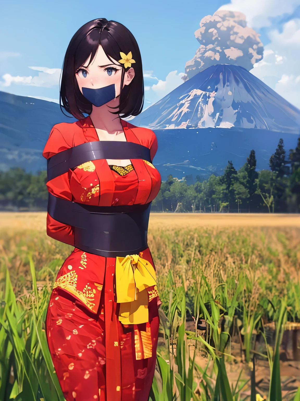 Masterpiece, hd, 2d, West Javanese Rice Farmer, wears light green kebaya dress with a happy face and light , nurturing her just  field with beautiful volcano in background,  , Master piece, (best quality), perfect eyes, bound, bondage, (arms behind back:1.4), bdsm, tape gag, tape, tape bondage, close-up, restrained,  ,best anatomy, middle body, ,,standing, flower ornament 