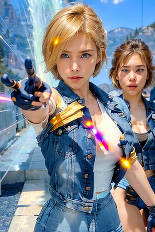 (((1 girl,  cute, denim jacket, white top, jeans, Gloves, blond, short hair, bob hair,  side parted hair, blue eyes))), (((blond hair))), 
dynamic poses, manga style, depicting a group of characters in various action scenes, from intense battles to lighthearted moments, with dramatic speed lines and bold sound effects, capturing the excitement and energy of the story, Laser rays from the palm of hand, Attack forward with palm, yellowstone park, Grand Canyon,