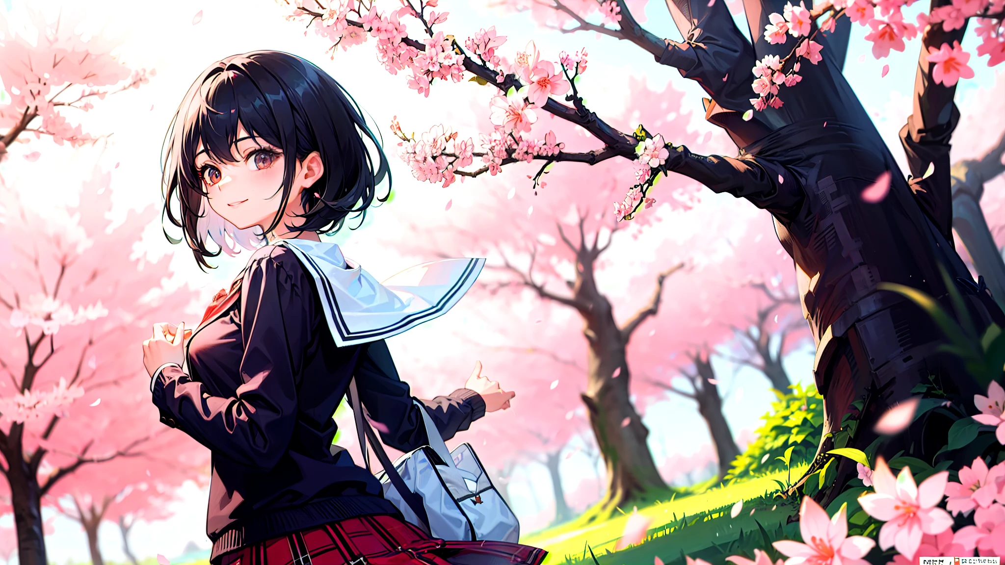 One girl、super quality、Looking up at the scenery of cherry blossoms in full bloom、A black-haired high school girl looking back at me、smile、Nice body、the skirt is short,、Ultra HD、amazing