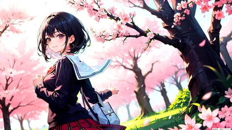 one girl、super quality、looking up at the scenery of cherry blossoms in full bloom、a black-haired high school girl looking back a...