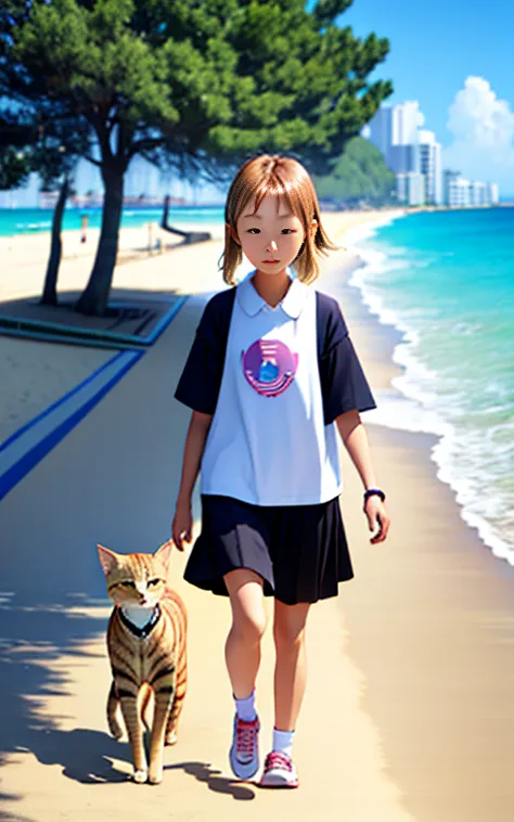 Take a walk on the beach、17 years old、girl、alone、Walking with a brown tabby cat、