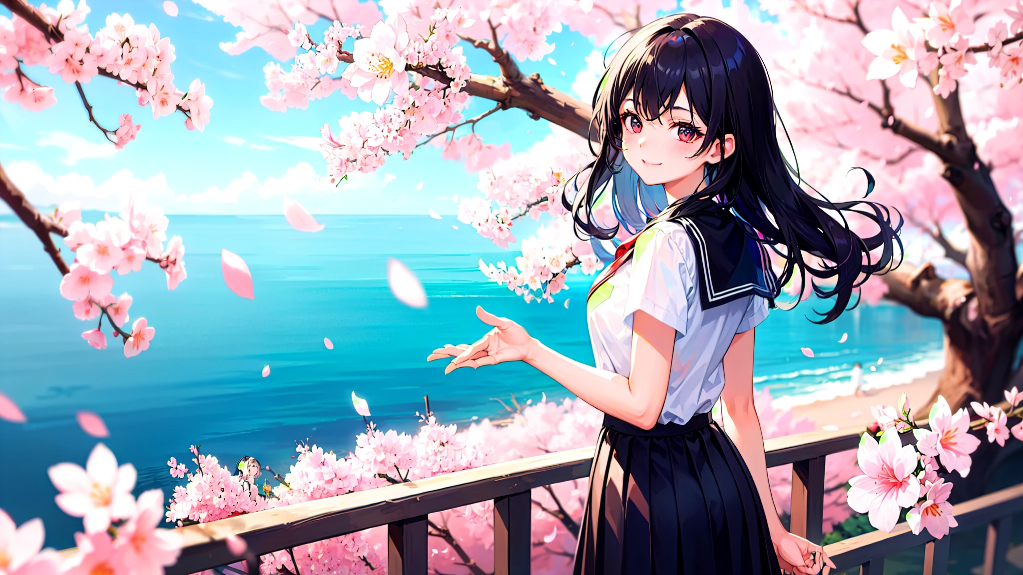 One girl、super quality、Looking up at the scenery of cherry blossoms in full bloom、A black-haired high school girl looking back at me、smile、Nice body、the skirt is short,、Ultra HD、amazing