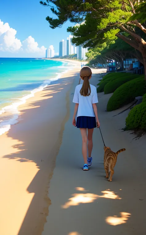 Take a walk on the beach、17 years old、girl、alone、Walking with a brown tabby cat、