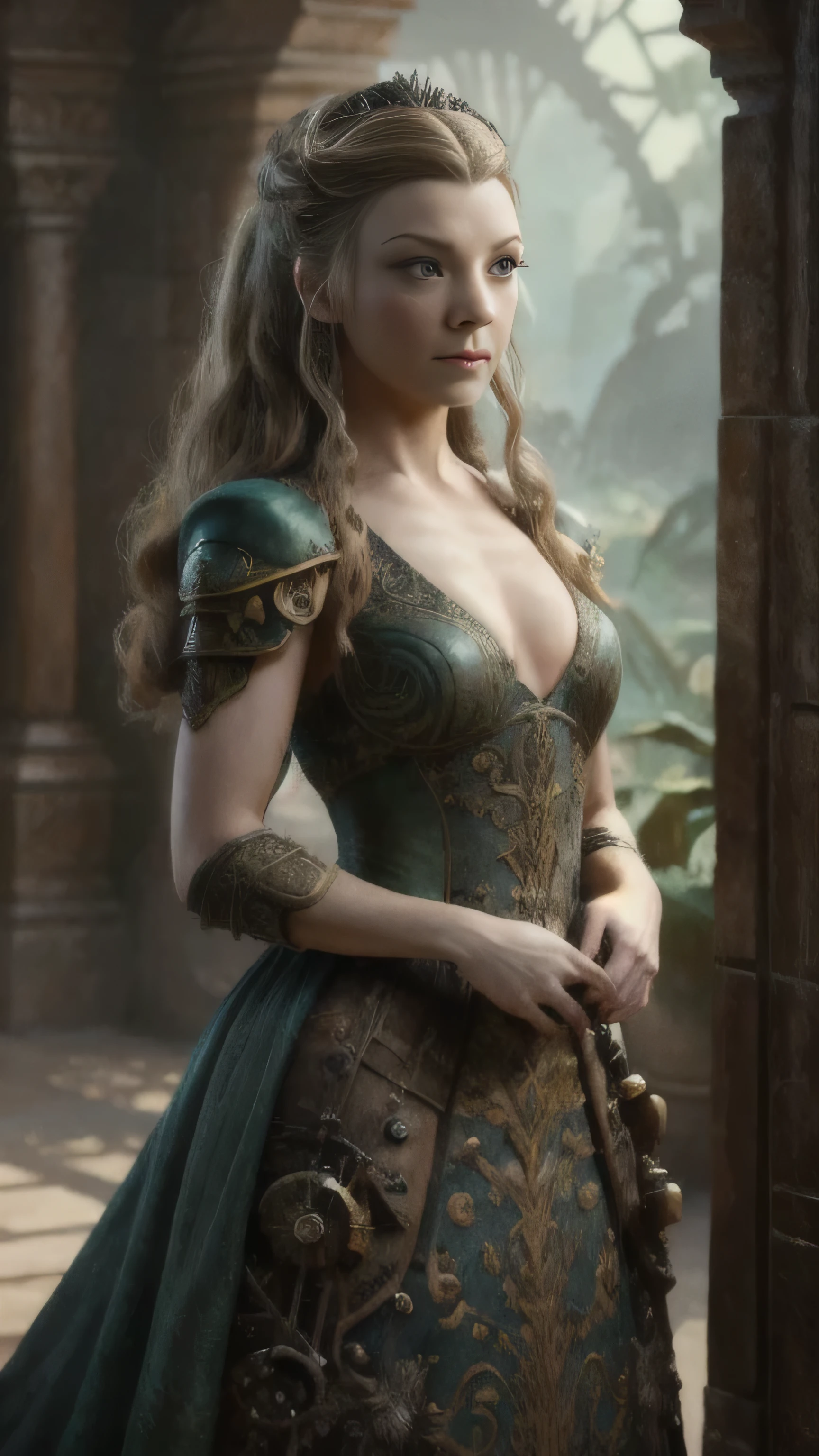 steampunkai, (Natalie Dormer) as Margaery Tyrell, green royal steampunk dress, steampunk diadema, standing, in the big hall, (1woman), (solo), (full body view), beautiful detailed glow, detailed, cinematic light, intricate detail, realistic, highres, detailed facial features, high detail, sharp focus, smooth, aesthetic, extremely detailed, stamp, octane render