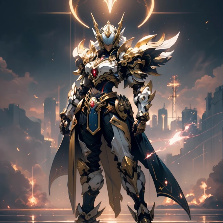 A woman adorned in fantasy-style full-body armor, a crown-concept fully enclosed helmet that unveils only her eyes, a composite layered chest plate, fully encompassing shoulder and hand guards, a lightweight waist armor, form-fitting shin guards, the overall design is heavy-duty yet flexible, ((the armor gleams with a golden glow, complemented by red and blue accents)), exhibiting a noble aura, she floats above a fantasy-surreal high-tech city, this character embodies a finely crafted fantasy-surreal style armored hero in anime style, exquisite and mature manga art style, (mixture of Queen bee and Spider concept Armor, plasma, blood), ((Element, energy, elegant, goddess, femminine:1.5)), metallic, high definition, best quality, highres, ultra-detailed, ultra-fine painting, extremely delicate, professional, anatomically correct, symmetrical face, extremely detailed eyes and face, high quality eyes, creativity, RAW photo, UHD, 32k, Natural light, cinematic lighting, masterpiece-anatomy-perfect, masterpiece:1.5