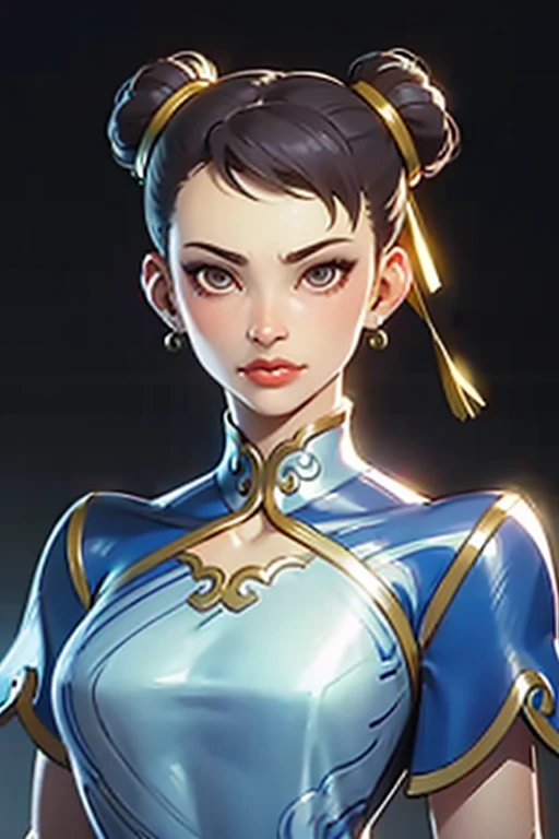 Chun-Li, street fighter,(large breasted:1.5),dynamic poses, fully open the chest,large breasted,super perfect body curve, hair ribbons, twin hair buns, S-shaped body,anime waifu (18 years old)-hot dad-frivolity-body language, fit figure, laughing badly,Beautiful perfect face, Realistic style and super detailed renderings, surrealism,kawaii, ZBrush, super-realistic oil, contour shadow process - (Waiting to get started)