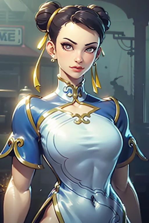 Chun-Li, street fighter,(large breasted:1.5),dynamic poses, fully open the chest,large breasted,super perfect body curve, hair ribbons, twin hair buns, S-shaped body,anime waifu (18 years old)-hot dad-frivolity-body language, fit figure, laughing badly,Beautiful perfect face, Realistic style and super detailed renderings, surrealism,kawaii, ZBrush, super-realistic oil, contour shadow process - (Waiting to get started)