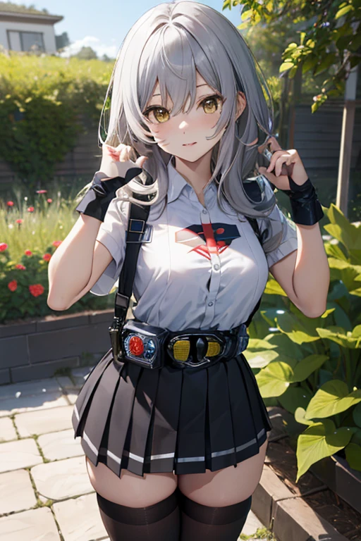 (tsuuhaiken),masterpiece,best quality,highres,ultra-detailed,aanyaruko,long hair,(silver hair),ahoge,shirt,white shirt,checkered clothes,short sleeves,transformation belt,black apron,skirt,checkered skirt,zettai ryouiki,(white thighhighs:1.2),high heels,outdoors,garden,black lace-trimmed panties, (cowboy shot:1.3),standing,open stance,(Kamen Rider's Transformation Pose:1.3)