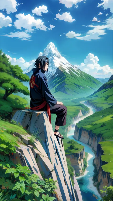 itachi watching mountains over a mountain cliff, itachi uchiha, greenery, blue sky, naruto anime, anime style, itachi uchiha, to...