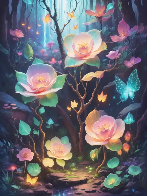 Fantasy in crystals, "ethereal roses, cute slime animals, glowing little mushrooms surrounded by delicate leaves and branches, a...