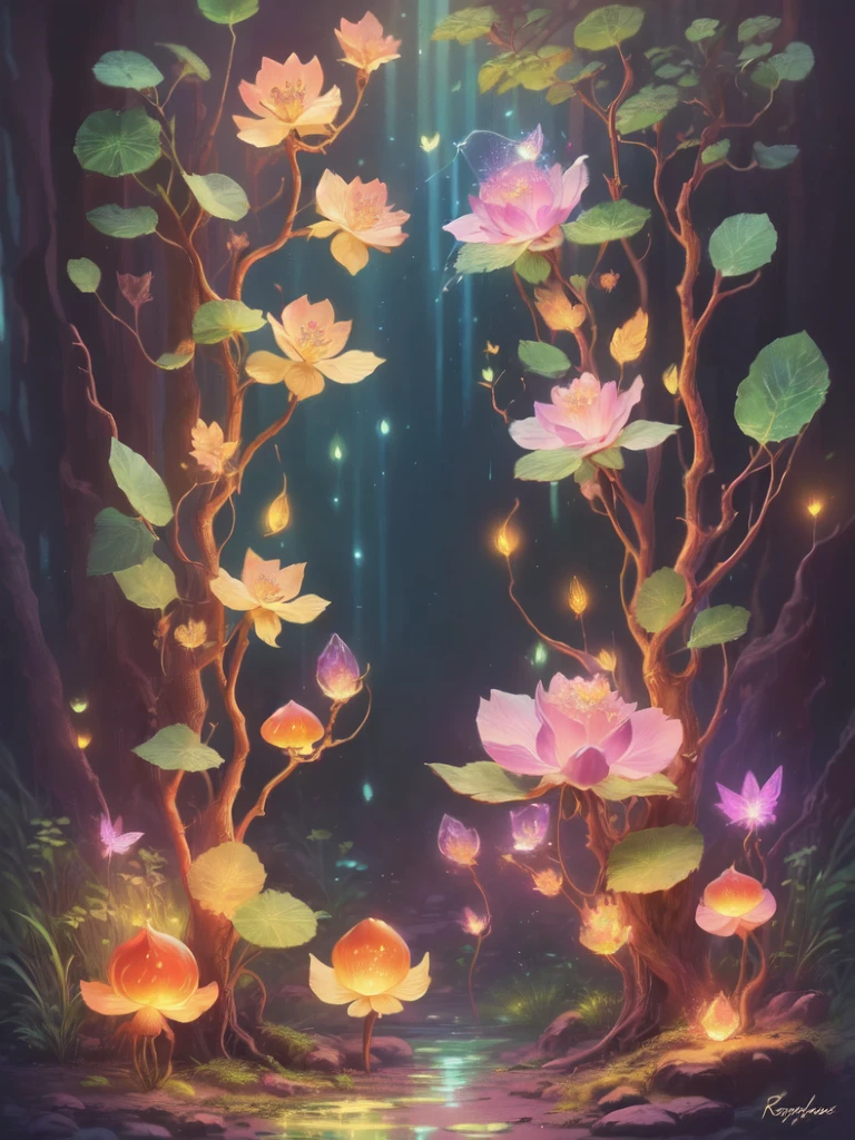 Fantasy in crystals, "ethereal roses, cute slime animals, glowing little mushrooms surrounded by delicate leaves and branches, and fireflies and glowing particle effects", (natural elements), (jungle theme), (leaves), (branches), (fireflies), butterflies, (delicate leaves), (glow), (particle effects), super realistic, super detailed, dramatic lightning, 4k, masterpiece,