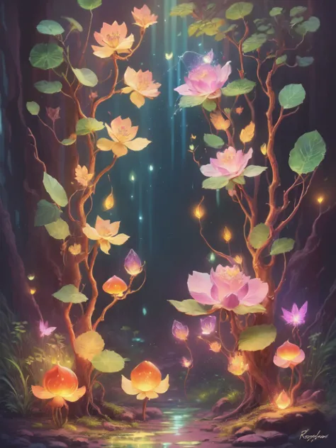 Fantasy in crystals, "ethereal roses, cute slime animals, glowing little mushrooms surrounded by delicate leaves and branches, a...