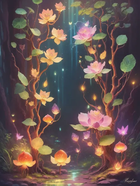 fantasy in crystals, "ethereal roses, cute slime animals, glowing little mushrooms surrounded by delicate leaves and branches, a...