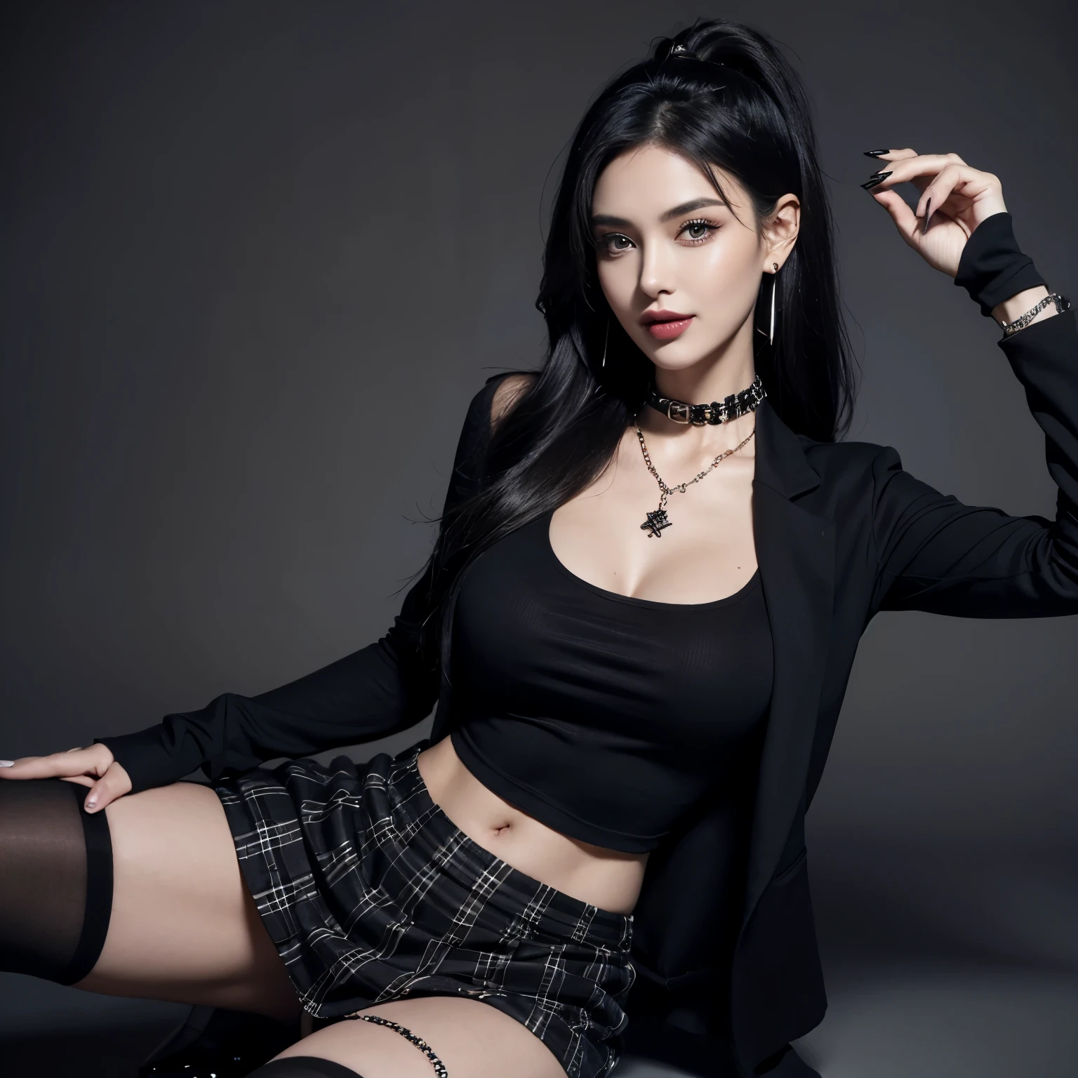 Generate hyper realistic image of a woman with long, black hair, wearing a plaid skirt and a black shirt, looking directly at the viewer with a confident smile. She accessorizes with thigh-highs, earrings, a necklace, and a spiked bracelet and collar, adding a touch of gothic flair. Her nails are painted black, and her makeup is subtle yet striking,photorealistic