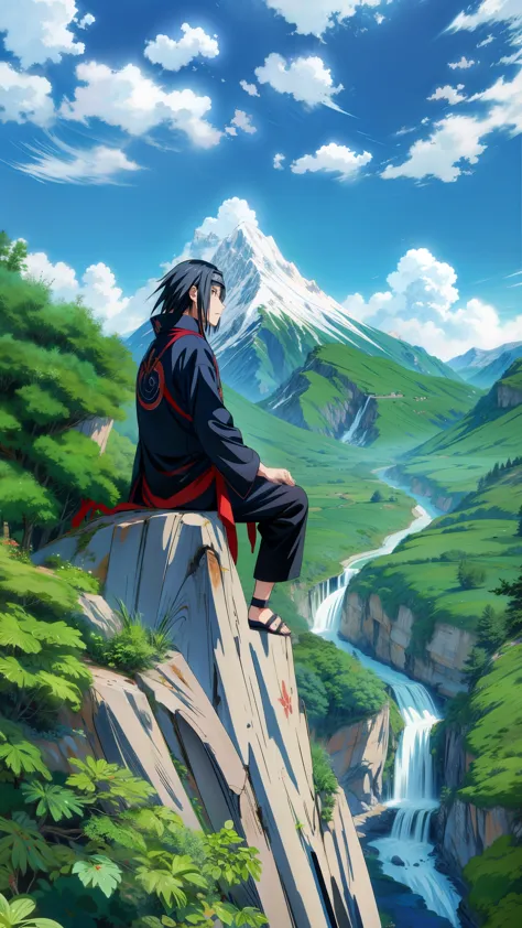 itachi watching mountains over a mountain cliff, itachi uchiha, greenery, blue sky, naruto anime, anime style, itachi uchiha, to...