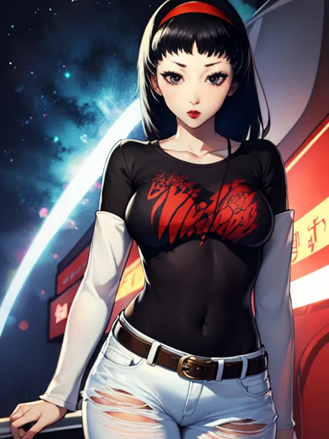 yukiko amagi ,glossy lips, light makeup , 1girl, solo, standing, black t-shirt, white shirt, blue jeans, belt, lipstick, large b...