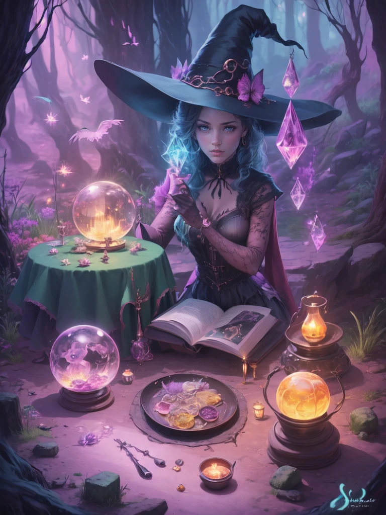 "Witchy Accessories": An illustration showcasing the iconic accessories of witches, including a pointed hat, broomstick, cauldron, and crystal ball, arranged in a visually appealing composition, Ultra realism, color field printing, high detail, UHD, 8k, anatomically correct, cinematic lighting 4d quality