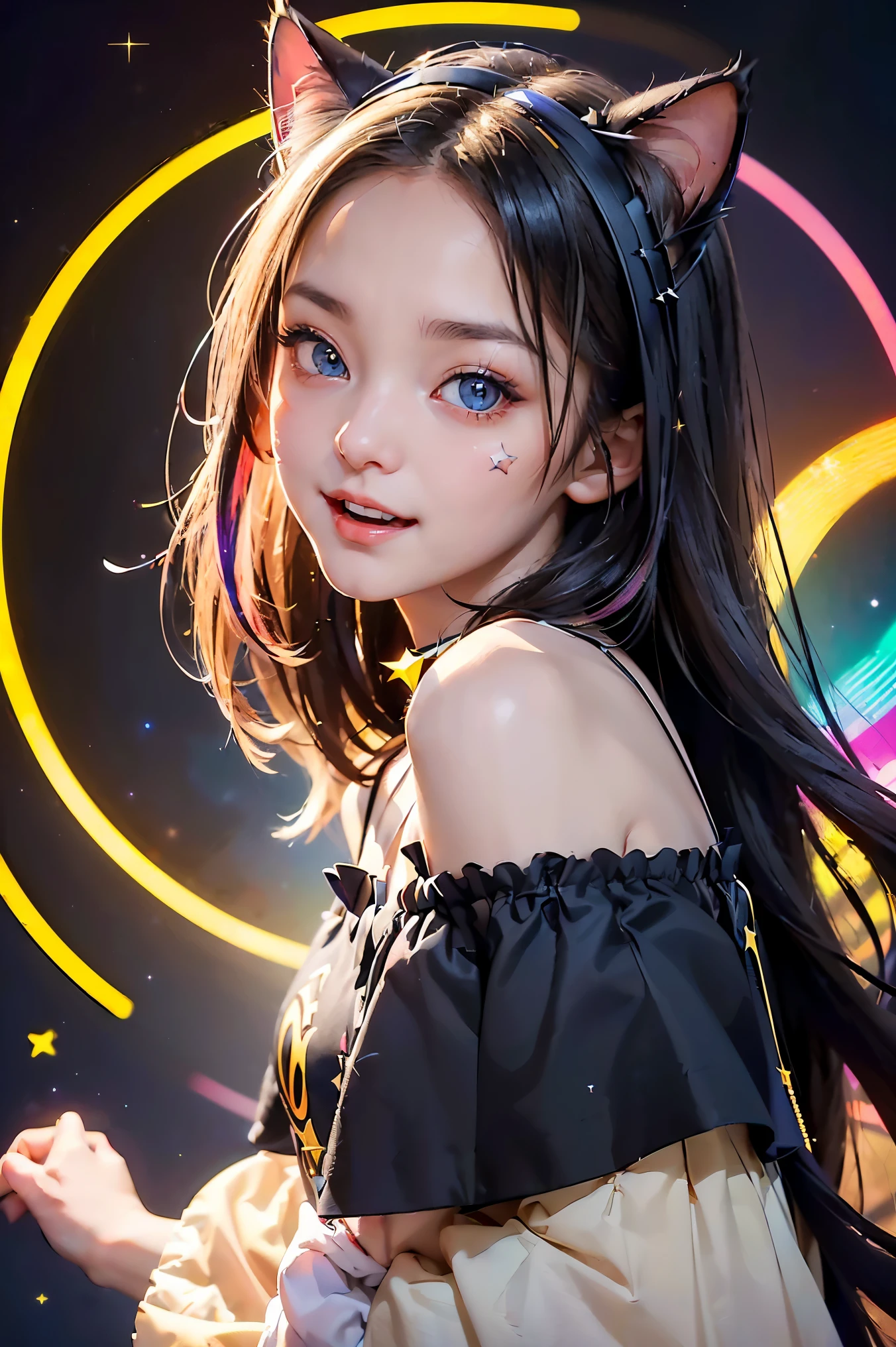 (masterpiece, best quality), ((1girl, (mature female) long hair), (star-shaped pupils,  +_+, symbol-shaped pupils, sparkling eyes), (cat ears, open open mouth)), (looking at viewer, light smile, off shoulder), (abstract, multicolored background, abstract background, chromatic aberration), vampire, blood on face, blood on clothes, bat wings