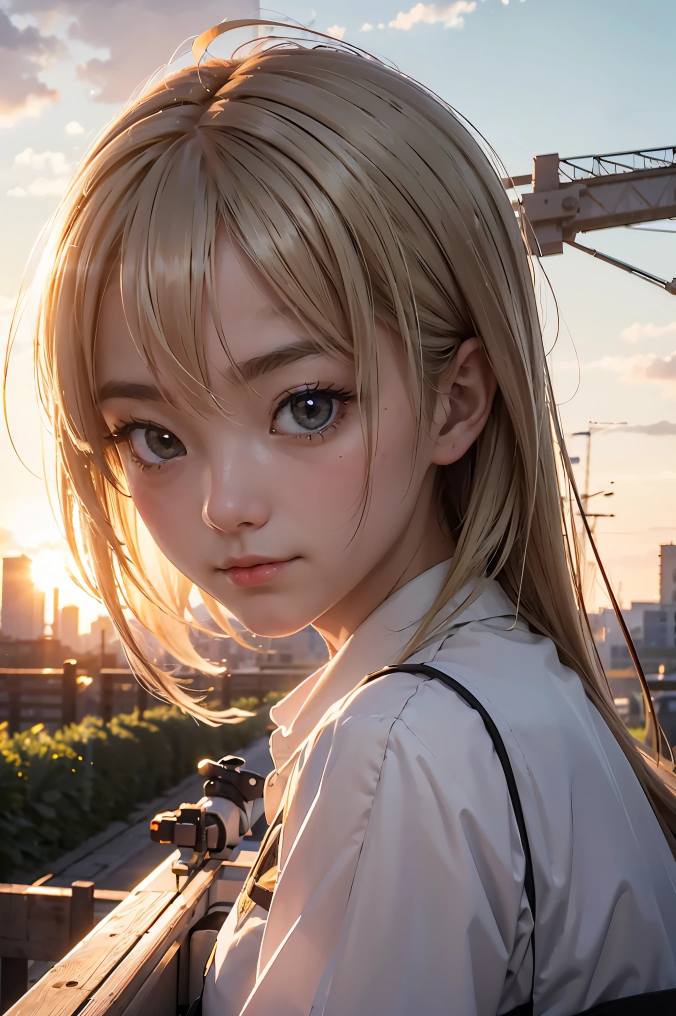 masterpiece, top quality, highly detailed, Unity 8k wallpaper, (riding a crane truck), firmament, girl 1 person, heavy machinery, gradient hair, hair between eyes, ahoge, age: 16, looking back, pretty face, white neeso,