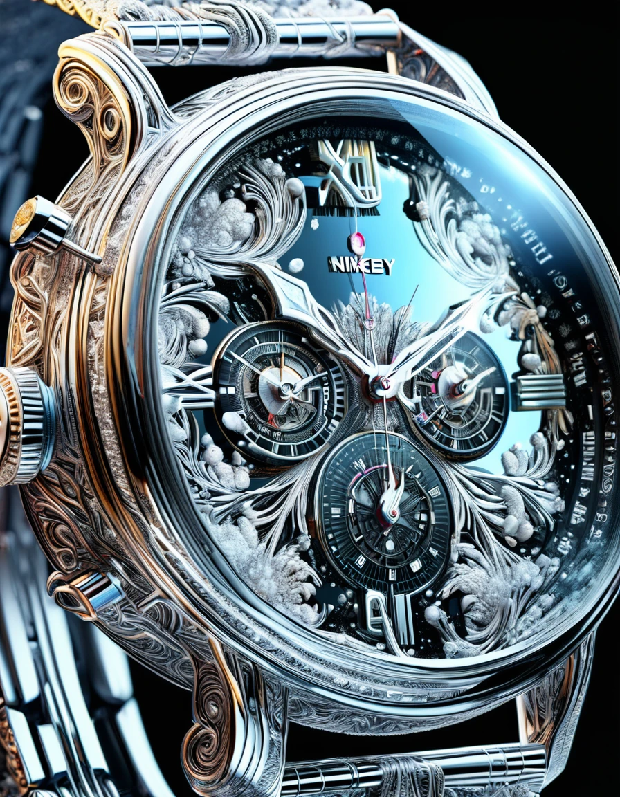 luxury watch, Close-up, Pure black background, weather, Metal, Dimension depth, Nixey, Product photography, Perfect extreme focus, vivid, 8K HDR, high quality, Extremely detailed, Mirror-like reflection, Surrealism, Matte style,