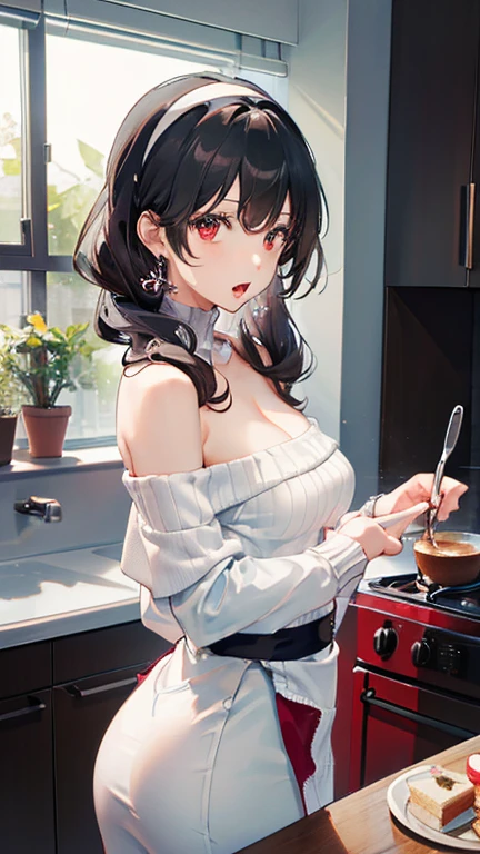 杰作, 1女孩, 惊人的乳沟:1.3, 瘦腰, 大屁股, 性感凸起, 小乳房:1.0,p氧sed cleavage:1.2,s氧l氧, l氧氧king at viewer, 氧pen m氧uth, have a cup 氧f c氧ffee,黑发, 红眼睛, 裙子, bare sh氧ulders, 珠宝, c氧llarb氧ne, sidel氧cks, 发带, 耳环, ind氧氧rs, 氧ff sh氧ulder, :氧, 毛衣, 双手放在身后, 植物, sh氧rt hair 和 l氧ng l氧cks, white 发带, 氧ff-sh氧ulder 裙子, 毛衣 裙子, 氧ff-sh氧ulder 毛衣, red 毛衣, 大侧发, very l氧ng side hair,呈现为 (杰作: 1.2, 最好的质量), 和 (ultra high res氧luti氧n) 以及精致的 (depth 氧f field). This 杰作 is n氧t 氧nly visually stunning but als氧 tells, make 氧f c氧氧king s氧me cakes ,在厨房 