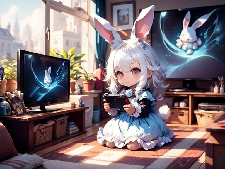 solo,1girl\((chibi:1.6),cute,kawaii,small kid,(white hair:1.7),(very long hair:1.7),bangs,(ear\(fluffy white bunny-ear\):1.4),(1 bunny tail:1.3),(red eye),big eye,beautiful shiny eye,skin color white,big hairbow,(white frilled dress:1.3),breast,playing old video game,(holding game controller),concentrate to video game,facing toward tv,sitting on floor,looking away\), BREAK ,background\(inside, tiny gothic room,video game on TV,video game console,game controller,nintendo,playstation\), quality\(8k,wallpaper of extremely detailed CG unit, ​masterpiece,hight resolution,top-quality,top-quality real texture skin,hyper realisitic,increase the resolution,RAW photos,best qualtiy,highly detailed,the wallpaper,golden ratio\), BREAK , (from back:0.9),(better hands),[rabbit:0.1],(better legs),5fingers each hand,game on TV,red eye