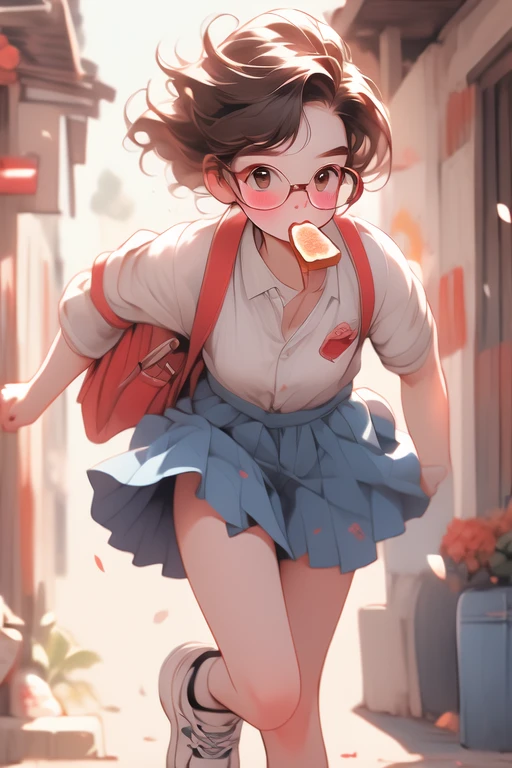 masterpiece, highest quality, girl，Black Hair，Blunt bangs，Thick eyebrows，Brown eyes，Glasses，Very short，Short summer dress， Blue Ribbon, White socks, sneakers，Residential Street, running, Toast in the mouth，Red School Bag，