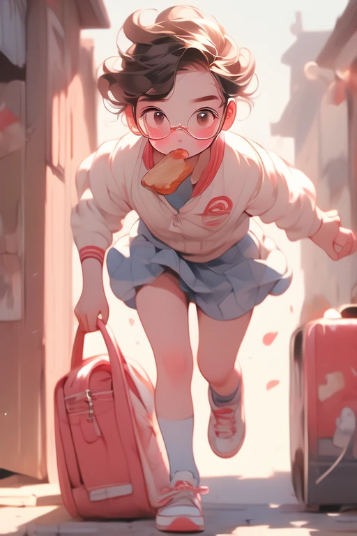 masterpiece, highest quality, girl，Black Hair，Blunt bangs，Thick eyebrows，Brown eyes，Glasses，Very short stature，Short Summer Dresses， Blue Ribbon, White socks, sneakers，Residential Street, running, Toast in the mouth，Red School Bag，