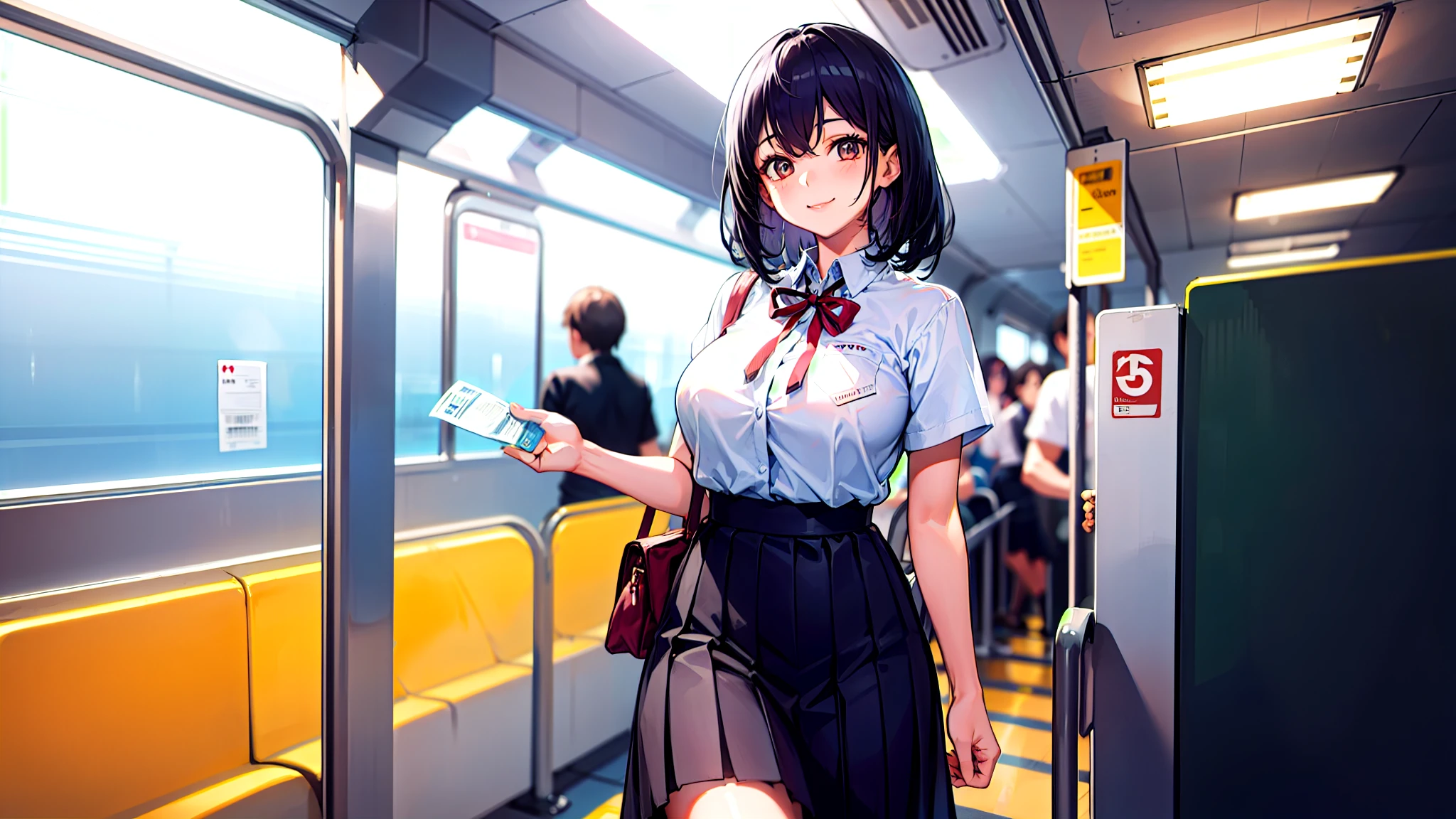 One girl、super quality、A black-haired high school girl smiling as she passes through the train ticket barrier、smile、Nice body、the skirt is short,、Ultra HD、amazing