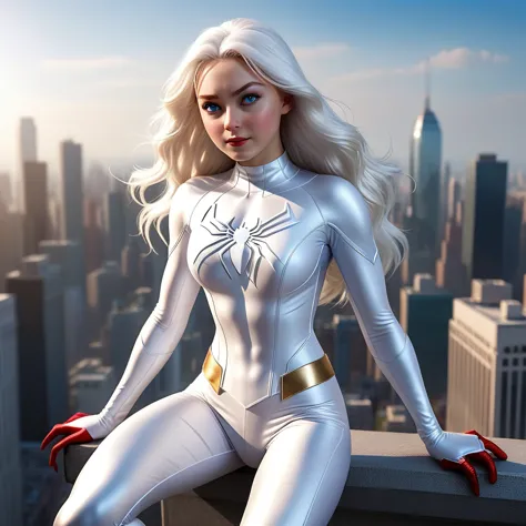 (masterpiece, 4k resolution, ultra-realistic, very detailed), (white costume superhero theme, charismatic, girl on top of the ci...