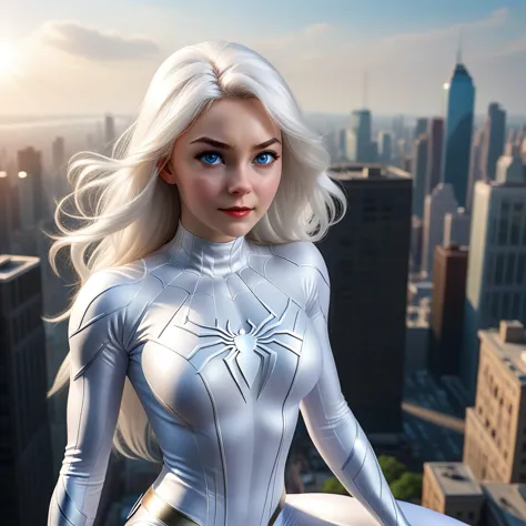 (masterpiece, 4k resolution, ultra-realistic, very detailed), (white costume superhero theme, charismatic, girl on top of the ci...