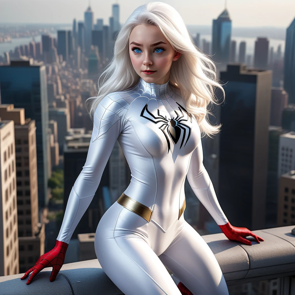 (masterpiece, 4K resolution, Ultra-realistic, Very detailed), (White costume superhero theme, Charismatic, Girl on top of the city, Wearing a white Spiderman costume, Super Heroine), [((23 years old), (Long white hair:1.2), whole body, (blue eyes:1.2), (Spiderman&#39;s Dynamic Pose) ((shortage々New urban environment):0.8)| (Cityscape, at night, Dynamic Light), (full moon))]