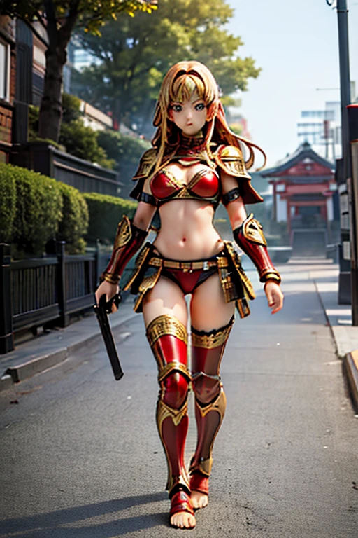 whole body，toes，Real raw photos, Mithril，red，Black，Intricate details，Combat Ready，armor，Bikini Armor，armorパンツ，Realistic photos, Intricate details, Ultra-detailed, Fine skin, Matte skin，cute，1，Young Japanese Woman，Realistic, 8K, Golden Ratio,