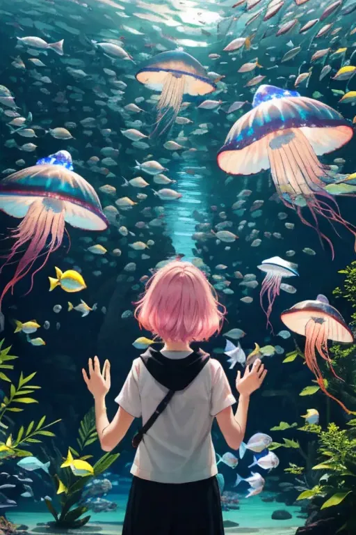 jellyfish、光るjellyfish、aquarium、tropical fish、colorfulな魚、girl、in the water、spreading hair、aquarium、light pink transparent hair co...