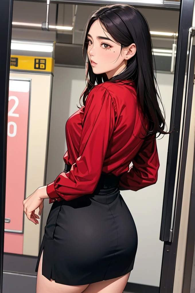 (dark madder red blouse,arms-baring:1.3),sideshot,from behind,black and  long flare skirt,thick arms,single mole on cheek,black hair,voluminous hair,unkempt hair, tall woman,27 years old,(fair skin:1.3),(cute eyes,tareme),plump oval face,light makeup,standing in train,(pov hands grabbing her ass:1.2),skirt lifted,