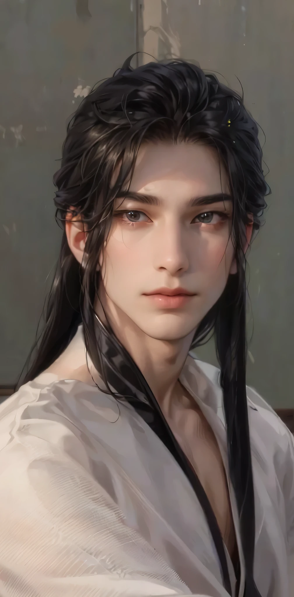 ((Best quality)), ((masterpiece)), (detailed), ((perfect face)), ((halfbody)) handsome face, male, teen boy,  perfect proportions , and his lover, long hair, male version , detailed workshop background, detailedscenery background 