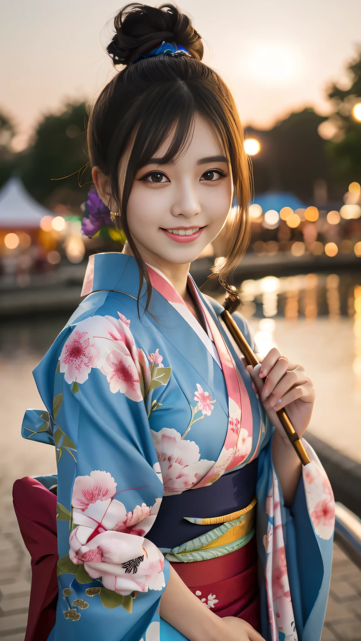 Looking at the camera,(((highest quality, 8k, masterpiece))), Sharp focus, (Beautiful woman with perfect figure), thin, (Hairstyle: superior)), ((kimono: Cane)), street: 1.2 Highly detailed face and skin texture Detailed eyes Double eyelid Random pose, (smile),ssuperiorer cute Japan person,ssuperiorer beauty Japanese girl, Realistic Face, double eyelid,smile,Summer festival , At sunset , Beautiful Teeth , Fireworks Background.