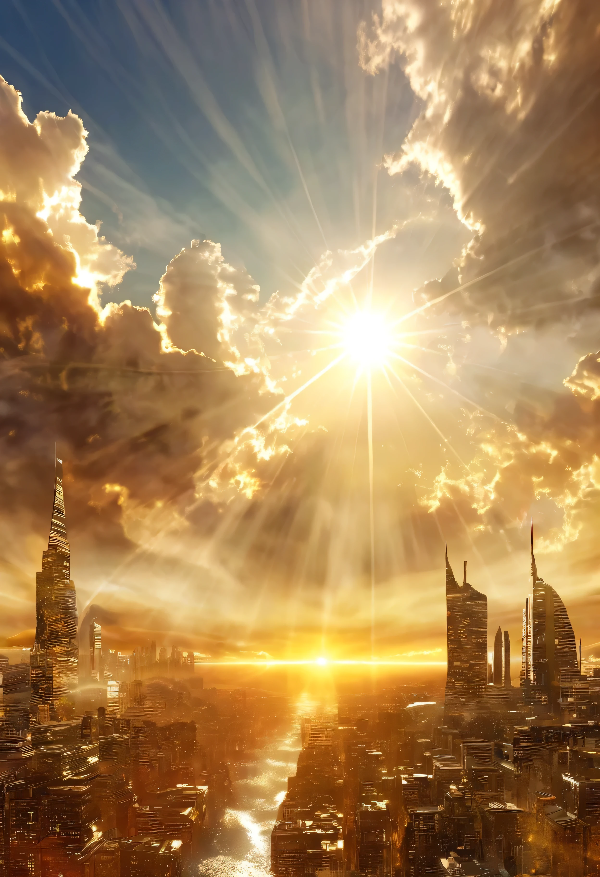 Art numérique surréaliste représentant un paysage urbain mystique s&#39;élevant dans le ciel, Les nuages se dissipent et le soleil brillant apparaît, Le jour de l&#39;Ascension，soleil d&#39;Or