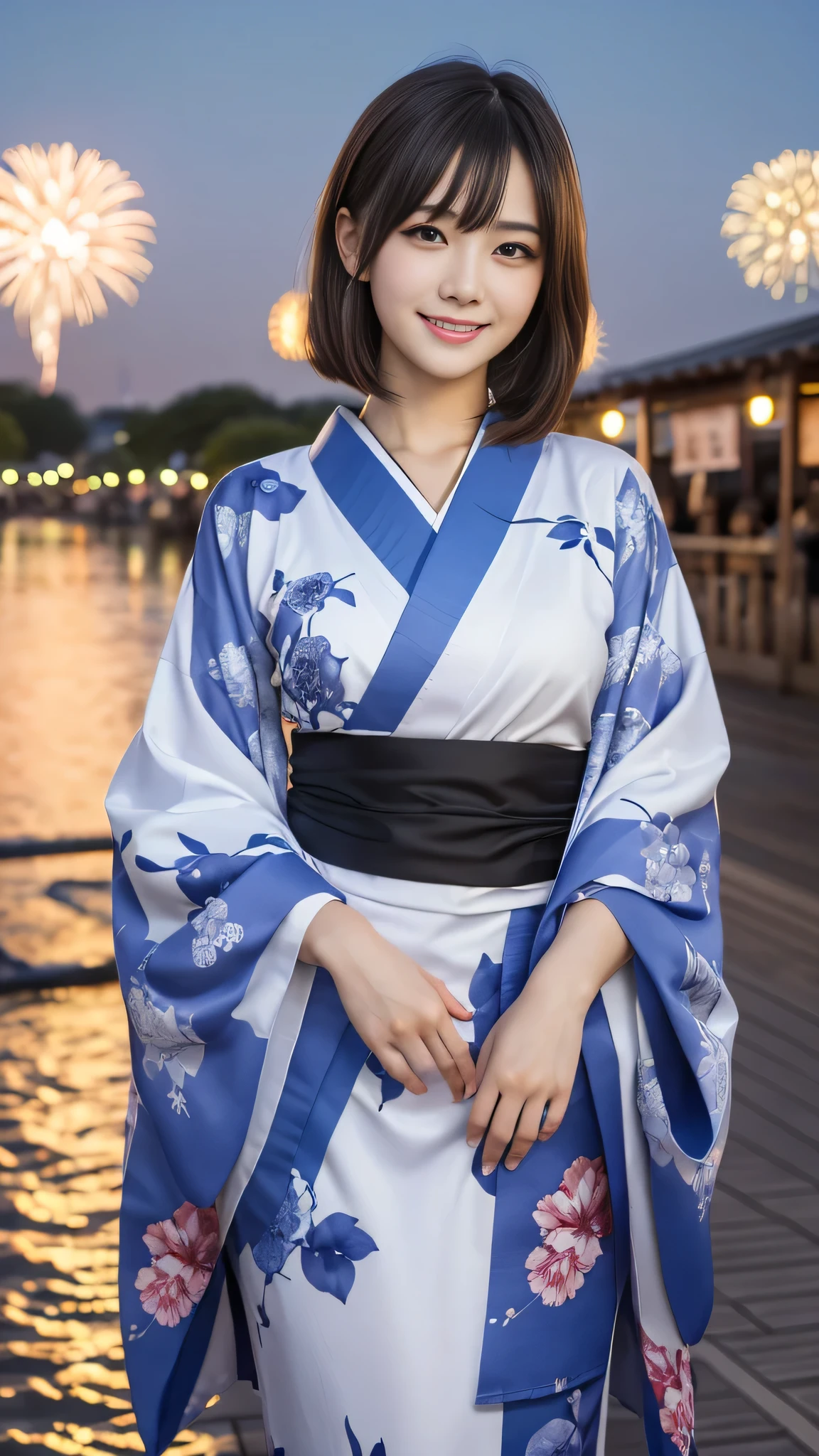 Looking at the camera,(((highest quality, 8k, masterpiece))), Sharp focus, (Beautiful woman with perfect figure), thin, (Hairstyle: superior)), ((kimono: Cane)), street: 1.2 Highly detailed face and skin texture Detailed eyes Double eyelid Random pose, (smile),ssuperiorer cute Japan person,ssuperiorer beauty Japanese girl, Realistic Face, double eyelid,smile,Summer festival , At sunset , Beautiful Teeth , Fireworks Background.