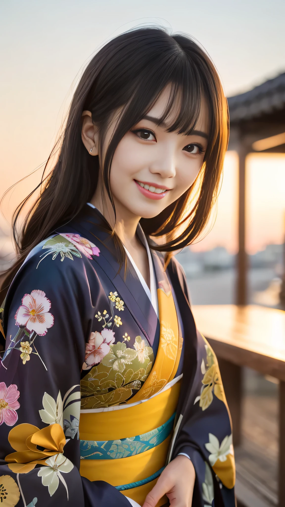 Looking at the camera,(((highest quality, 8k, masterpiece))), Sharp focus, (Beautiful woman with perfect figure), thin, (Hairstyle: superior)), ((kimono)), street: 1.2 Highly detailed face and skin texture Detailed eyes Double eyelid Random pose, (smile),ssuperiorer cute Japan person,ssuperiorer beauty Japanese girl, Realistic Face, double eyelid,smile,Summer festival , At sunset , Beautiful Teeth , Fireworks Background.