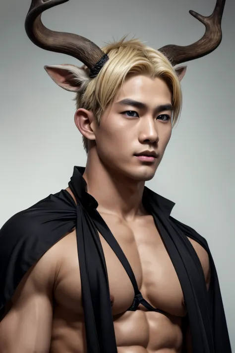 Asian man,  thin nose, thin lips, blue eyes, blonde hair, deer horn on his head, jock putfit, young handsome face, best quality,...