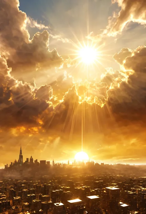 Surreal digital art depicting a mystical cityscape rising into the sky, The clouds clear and the shining sun appears, On Ascensi...