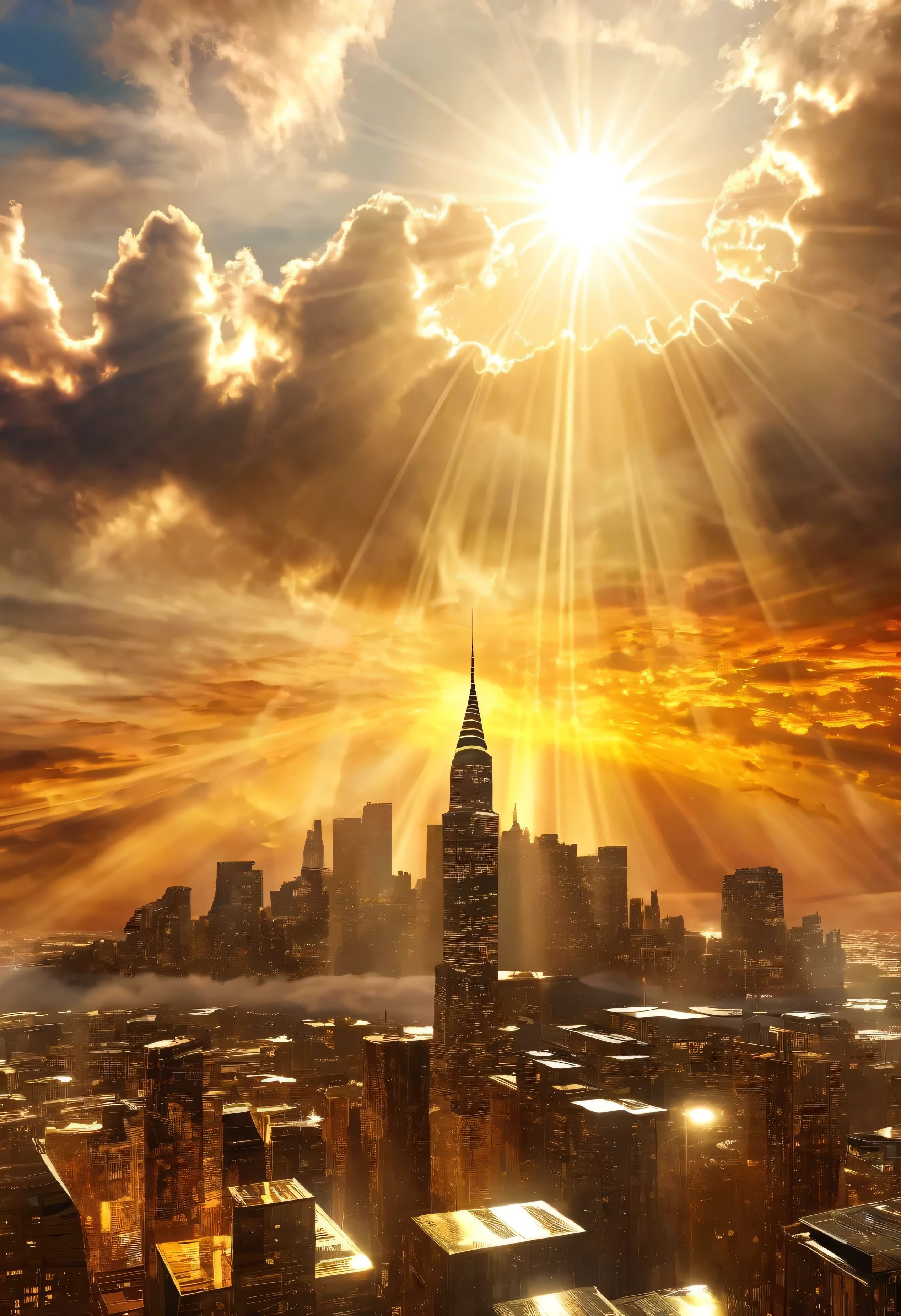 Surreal digital art depicting a mystical cityscape rising into the sky, The clouds clear and the shining sun appears, On Ascension Day，Golden Sun