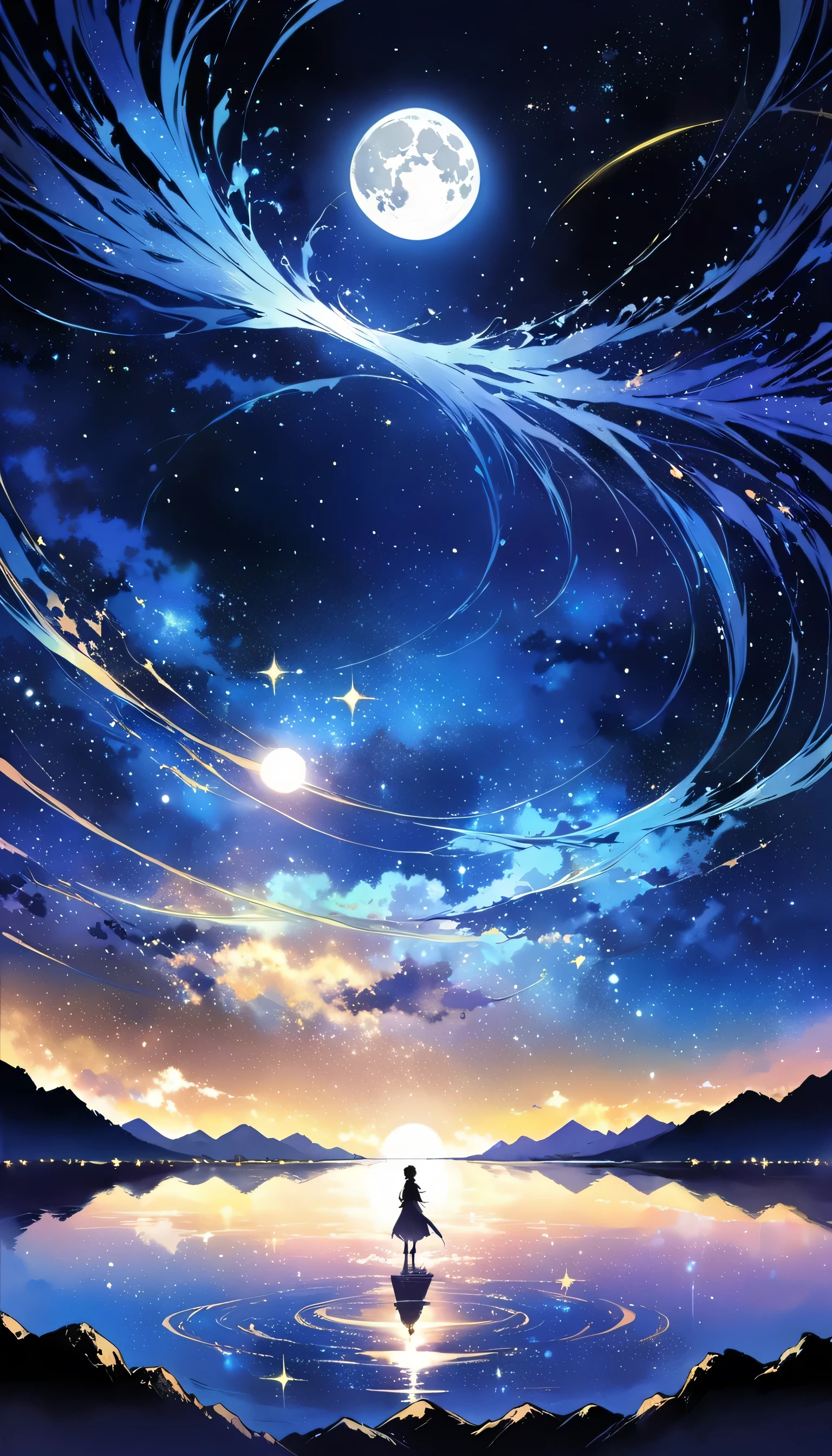 Une beauté condensée d&#39;une peinture représentant une rivière et les étoiles et la lune dans le ciel, Art conceptuel inspiré de Mitsuoki Tosa, Gagnant du concours Pixiv, la plus haute qualité, art fantastique, belle scène d&#39;anime, Cercle de lune brillant, ciel étoilé environment in the moonlight, Peinture de rêve, fond d&#39;anime art, Peinture de paysage de rêve, Bonne nuit, fond d&#39;anime, oeuvre d&#39;arrière-plan, Du grand art, animé atmosphérique, ciel étoilé, Amélioration des détails.  