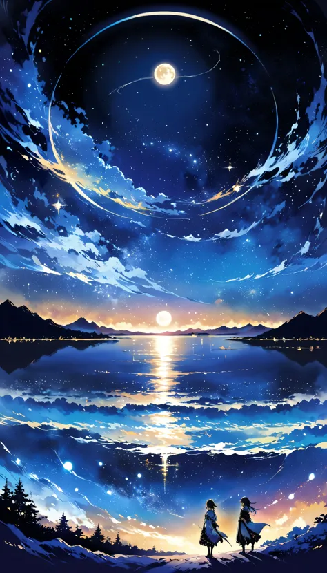A condensed beauty of a painting of a river and the stars and moon in the sky, Concept art inspired by Mitsuoki Tosa, pixiv Cont...