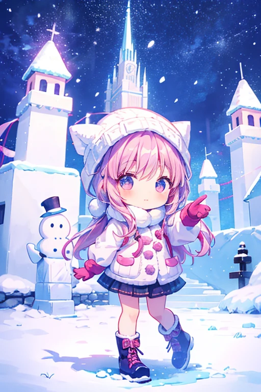 Chica Chibi tomando una foto conmemorativa con un gran castillo de nieve al fondo en el lugar del festival de nieve、sombrero tejido、lindas botas、guantes de lana、linda pose