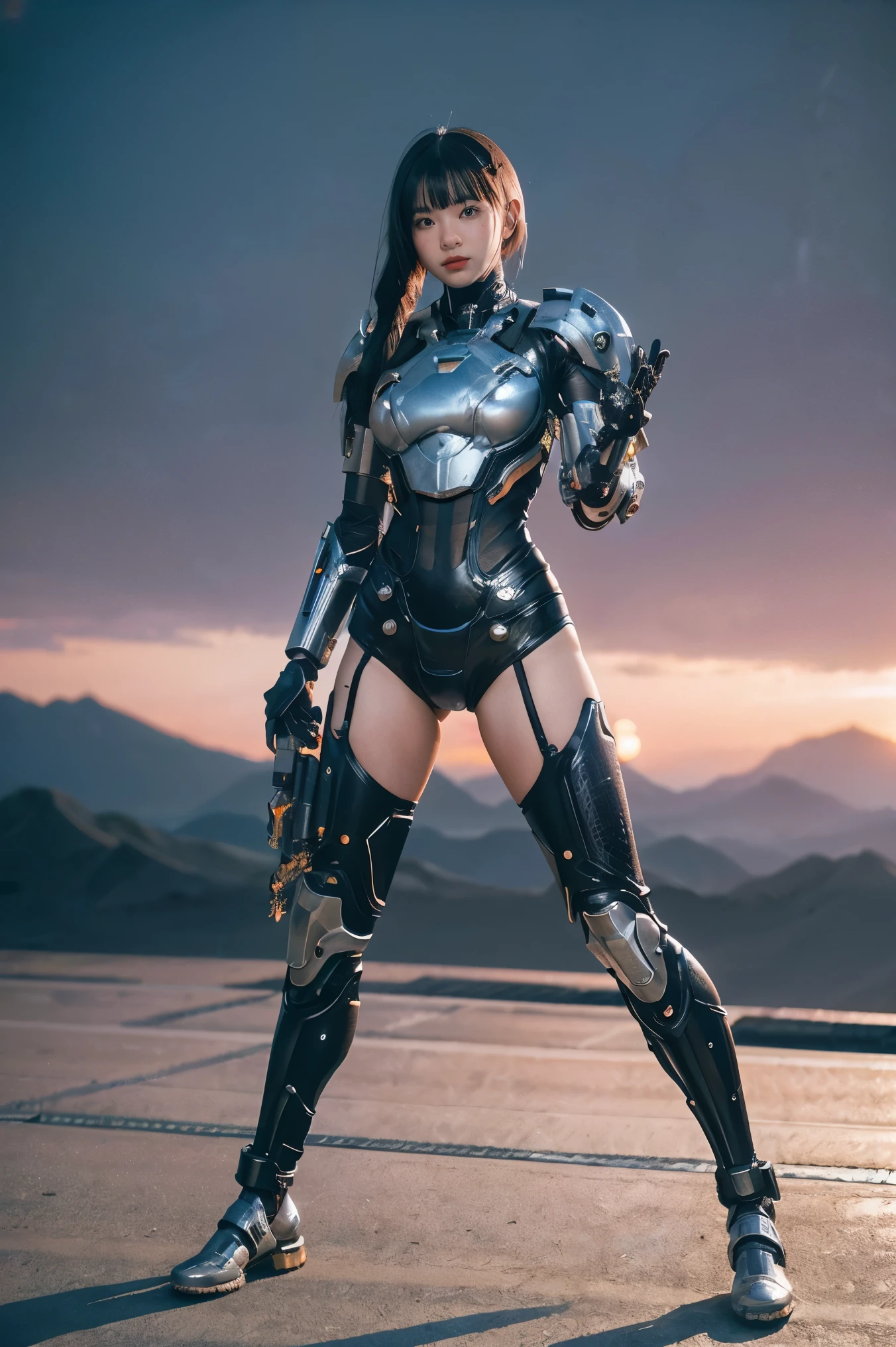 1girl, solo, wearing a mechanical suit, Mechanical wonder, Cyberpunk, Cybernetic Guardian, futuristic armor, full body, front pose, symmetry, intricate (steel metal [rust]), joints, warframe style, cyborg, male body and armor, Chainsaw Man 