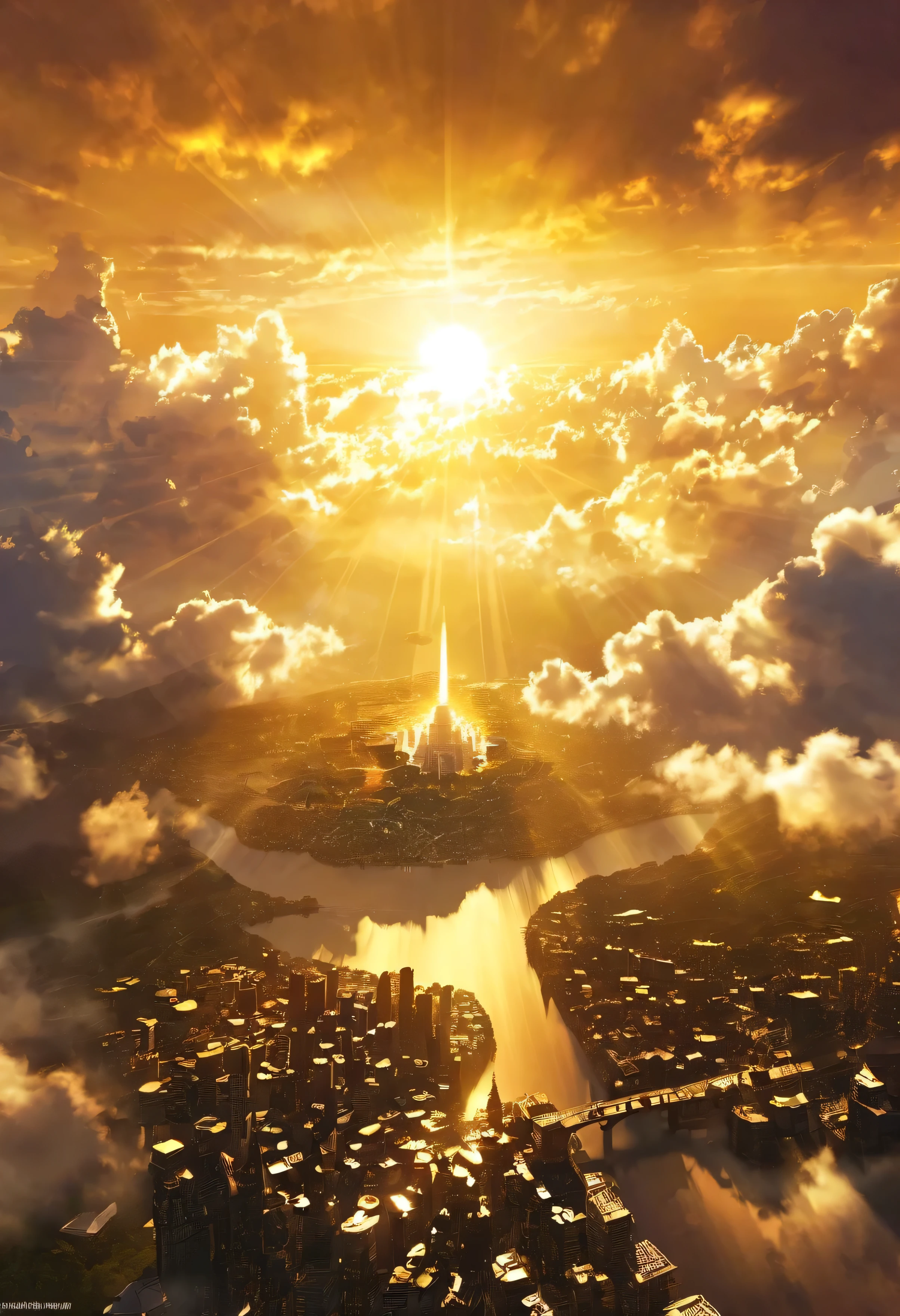 A mysterious city rising into the sky、Digital Art, The clouds clear and the shining sun appears, On Ascension Day，Golden Sun、Cities in the sky、